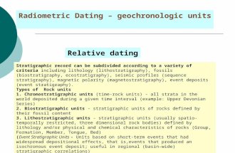 Radiometric Dating – geochronologic units Stratigraphic record can be subdivided according to a variety of criteria including lithology (lithostratigraphy),