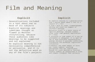 Film and Meaning Explicit Generalizations included in a text about one or more of its subjects Explicit meanings are sometimes thought as flawed in Western.