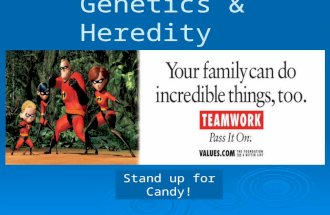 Genetics & Heredity Stand up for Candy!. Heredity or Environment?  Color of hair  Color of eyes  Color of Skin  General health  Personality traits.