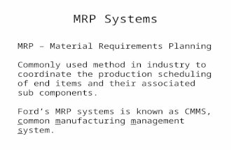 MRP Systems MRP – Material Requirements Planning Commonly used method in industry to coordinate the production scheduling of end items and their associated.