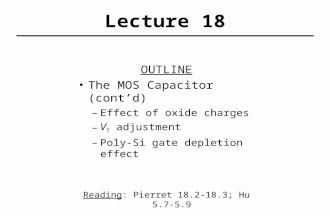 Lecture 18 OUTLINE The MOS Capacitor (cont’d) – Effect of oxide charges – V T adjustment – Poly-Si gate depletion effect Reading: Pierret 18.2-18.3; Hu.