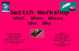 C.Nankee & N. Schermacher CESA #3 1/08 Switch Workshop What, When, Where, Who, Why Cindy Nankee CESA #3 WATI Consultant 608-822-3276 x 268 cnankee@cesa3.k12.wi.us.