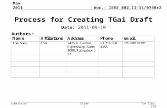 Doc.: IEEE 802.11-11/0748r2 Submission May 2011 Tom Siep, CSRSlide 1 Process for Creating TGai Draft Date: 2011-09-10 Authors: