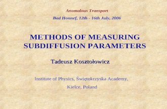 METHODS OF MEASURING SUBDIFFUSION PARAMETERS Tadeusz Kosztołowicz Institute of Physics, Świętokrzyska Academy, Kielce, Poland Anomalous Transport Bad Honnef,