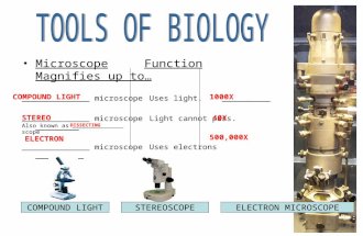 MicroscopeFunctionMagnifies up to… ______________ microscope Uses light. __________ ______________ microscope Light cannot pass. _________ ______________.