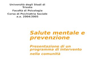 Salute mentale e prevenzione Presentazione di un programma di intervento nella comunità