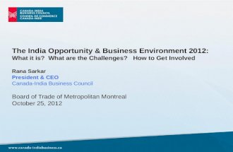 The India Opportunity & Business Environment 2012:     What it is?  What are the Challenges?   How to Get Involved Rana Sarkar  President & CEO