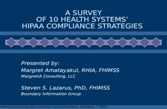 Fifth Annual Congress on Health Care Compliance, February 7, 2002 A SURVEY OF 10 HEALTH SYSTEMS’ HIPAA COMPLIANCE STRATEGIES Presented by: Margret Amatayakul,