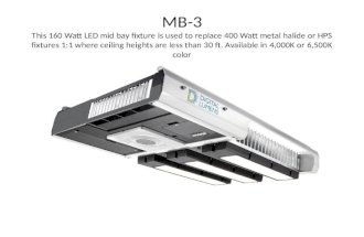 MB-3 This 160 Watt LED mid bay fixture is used to replace 400 Watt metal halide or HPS fixtures 1:1 where ceiling heights are less than 30 ft. Available.