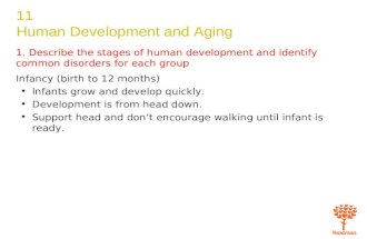 11 Human Development and Aging 1. Describe the stages of human development and identify common disorders for each group Infancy (birth to 12 months) Infants.