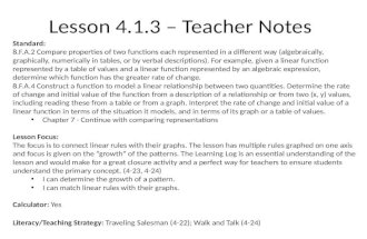 Lesson 4.1.3 – Teacher Notes Standard: 8.F.A.2 Compare properties of two functions each represented in a different way (algebraically, graphically, numerically.