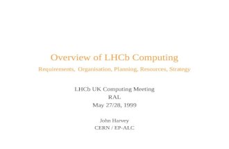 Overview of LHCb Computing Requirements, Organisation, Planning, Resources, Strategy LHCb UK Computing Meeting RAL May 27/28, 1999 John Harvey CERN / EP-ALC.