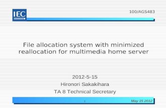 1 May 15 2012 File allocation system with minimized reallocation for multimedia home server 2012-5-15 Hironori Sakakihara TA 8 Technical Secretary 100/AGS483.