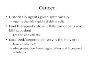 Cancer Historically agents given systemically – Agents that kill rapidly dividing cells Find therapeutic dose  Kills tumor cells w/o killing patient –