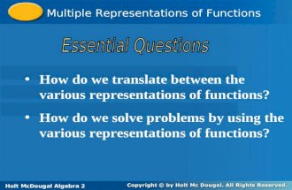 Holt McDougal Algebra 2 Multiple Representations of Functions Holt Algebra 2Holt McDougal Algebra 2 How do we translate between the various representations.