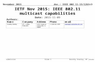 Doc.: IEEE 802.11-15/1261r3 Submission November 2015 Dorothy Stanley, HP (Aruba Networks) IETF Nov 2015: IEEE 802.11 multicast capabilities Date: 2015-11-09.