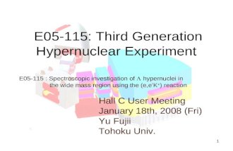 1 E05-115: Third Generation Hypernuclear Experiment Hall C User Meeting January 18th, 2008 (Fri) Yu Fujii Tohoku Univ. E05-115 : Spectroscopic investigation.
