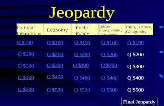 Jeopardy Political Institutions Economy Public Policy Citizens, Society, Political Socialization Intro, History, Geography Q $100 Q $200 Q $300 Q $400.