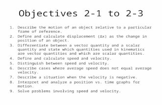 Objectives 2-1 to 2-3 1.Describe the motion of an object relative to a particular frame of reference. 2.Define and calculate displacement (Δx) as the change.