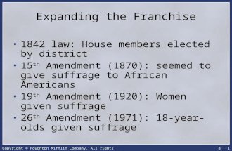 Copyright © Houghton Mifflin Company. All rights reserved.8 | 1 Expanding the Franchise 1842 law: House members elected by district 15 th Amendment (1870):