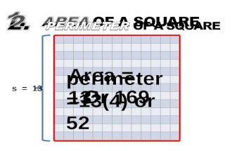 S = 13 Area = 13² Or 169 perimeter =13(4) or 52. Warm Up March 29, 2011 3. Which expression gives the area and perimeter of the square we just solved?