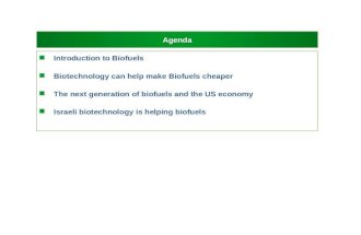 Agenda n Introduction to Biofuels n Biotechnology can help make Biofuels cheaper n The next generation of biofuels and the US economy n Israeli biotechnology.