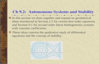 Ch 9.2: Autonomous Systems and Stability In this section we draw together and expand on geometrical ideas introduced in Section 2.5 for certain first order.