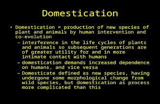 Domestication Domestication = production of new species of plant and animals by human intervention and co-evolution –interference in the life cycles of.