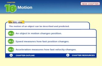The BIG idea CHAPTER OUTLINE NEW CHAPTER Motion CHAPTER The motion of an object can be described and predicted. An object in motion changes position. Speed.