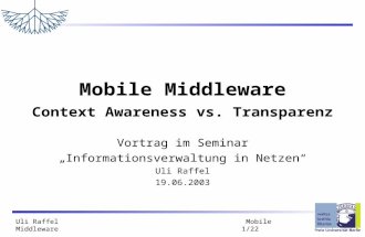 Uli Raffel Mobile Middleware 1/22 Mobile Middleware Context Awareness vs. Transparenz Vortrag im Seminar „Informationsverwaltung in Netzen“ Uli Raffel.