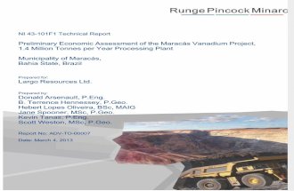 Preliminary Economic Assessment of the Maracás Vanadium Project, 1.4 Million Tonnes Per Year Processing Plant