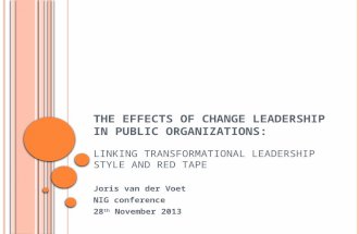 T HE EFFECTS OF CHANGE LEADERSHIP IN PUBLIC ORGANIZATIONS : L INKING TRANSFORMATIONAL LEADERSHIP STYLE AND RED TAPE Joris van der Voet NIG conference 28.