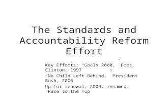 The Standards and Accountability Reform Effort Key Efforts: “Goals 2000,” Pres. Clinton, 1997 “No Child Left Behind,” President Bush, 2000 Up for renewal,
