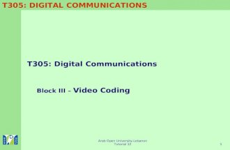 T305: DIGITAL COMMUNICATIONS Arab Open University-Lebanon Tutorial 121 T305: Digital Communications Block III – Video Coding.