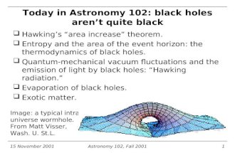15 November 2001Astronomy 102, Fall 20011 Today in Astronomy 102: black holes arent quite black  Hawkings area increase theorem.  Entropy and the.