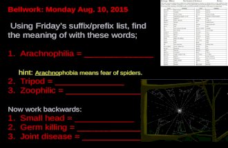 Bellwork: Monday Aug. 10, 2015 Using Fridays suffix/prefix list, find the meaning of with these words; 1. Arachnophilia = ______________ hint: Arachnophobia.