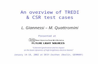 An overview of TREDI  CSR test cases L. Giannessi  M. Quattromini Presented at Coherent Synchrotron and its impact on the beam dynamics of high brightness.