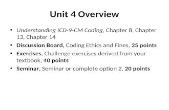 Unit 4 Overview Understanding ICD-9-CM Coding, Chapter 8, Chapter 13, Chapter 14 Discussion Board, Coding Ethics and Fines, 25 points Exercises, Challenge.