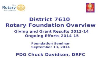 District 7610 Rotary Foundation Overview Giving and Grant Results 2013-14 Ongoing Efforts 2014-15 Foundation Seminar September 13, 2014 PDG Chuck Davidson,