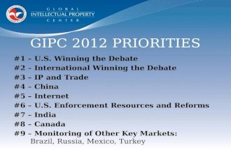 GIPC 2012 PRIORITIES #1  U.S. Winning the Debate #2  International Winning the Debate #3  IP and Trade #4  China #5  Internet #6  U.S. Enforcement.