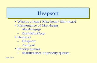 Sept. 2015 Heapsort What is a heap? Max-heap? Min-heap? Maintenance of Max-heaps -MaxHeapify -BuildMaxHeap Heapsort -Heapsort -Analysis Priority queues.