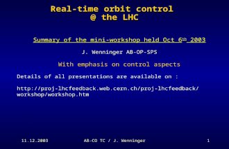 11.12.2003AB-CO TC / J. Wenninger1 Real-time orbit the LHC Summary of the mini-workshop held Oct 6 th…