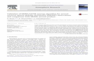Validation of MERIS/AATSR synergy algorithm for aerosol retrieval against globally distributed AERONET observations and comparison with MODIS aerosol product