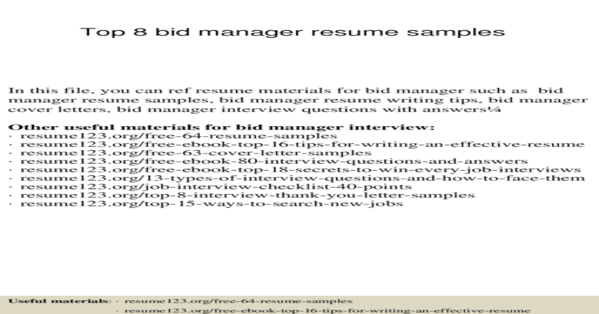 Top 8 bid manager resume samples - [PPTX Powerpoint]
