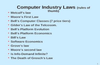 1 Computer Industry Laws (rules of thumb) Metcalfs law Moores First Law Bells Computer Classes (7 price tiers) Gilders Law of the Telcosom. Bells Platform