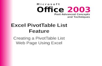 Office 2003 Post-Advanced Concepts and Techniques M i c r o s o f t Excel PivotTable List Feature Creating a PivotTable List Web Page Using Excel